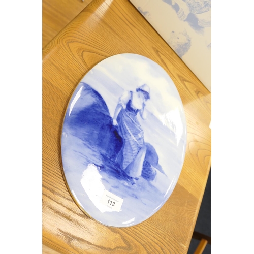 113 - Doulton Burslem blue and white oval plaque, 35x37cm