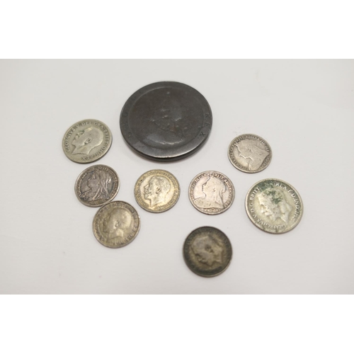 261 - Small number of coins including a George III cartwheel tuppenny, Victorian and later thruppences, tw... 