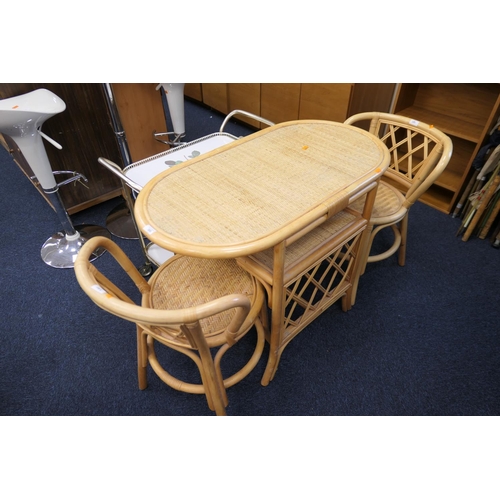 380 - Modern bamboo and rattan conservatory table and chairs and a metal framed two tier tea trolley (4)