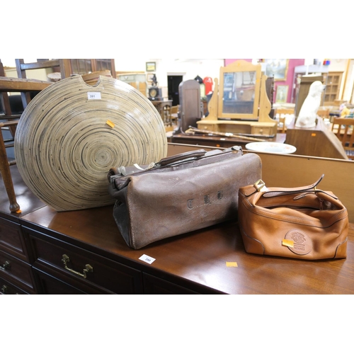 391 - Vintage Gladstone bag, also an Aramis tan leather bag and a decorative 'moon' vase (3)