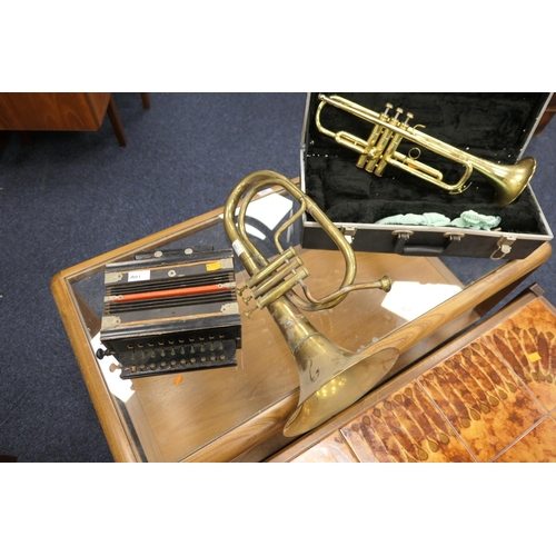 401 - Amati Kraslice brass trumpet in a fitted case, also a brass tenor horn and a traditional squeeze box... 