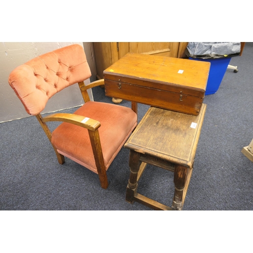 418 - Oak framed and upholstered armchair from the 1930s, also a reproduction oak joint stool and a Victor... 