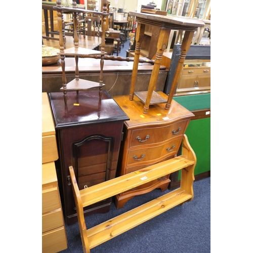 424 - Yewood small serpentine front chest of drawers, also a penwork octagonal topped occasional table, a ... 