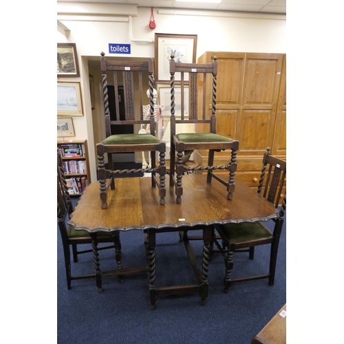 457 - George V oak barleytwist gateleg table and four oak barleytwist dining chairs, table width 106cm (5)