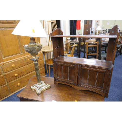 469 - Victorian brass column table lamp and a Victorian walnut wall cabinet (2)