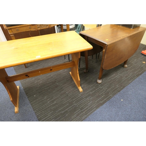 481 - Mahogany drop leaf pad foot table, width 90cm, also a pine table (2)