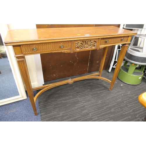 483 - Continental walnut console table fitted with two drawers, width 115cm, depth 36cm, height 80cm