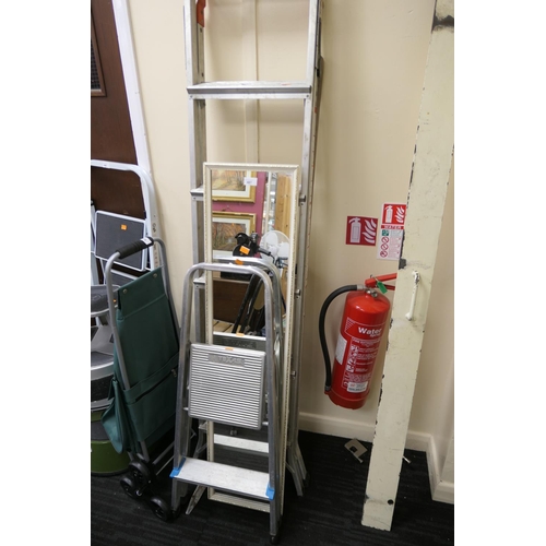 487 - Folding aluminium step ladders, small folding steps, and a white painted hall mirror (3)