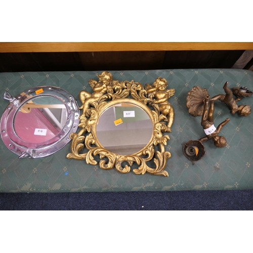 517 - Decorative Baroque style gilt mirror, bronzed finish spelter cherub double wall light and a porthole... 