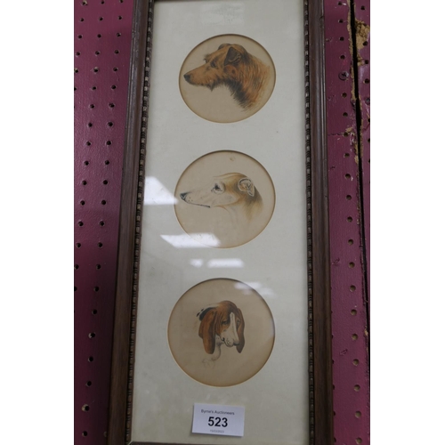 523 - Hunting dog triptych of canine watercolour portraits, framed