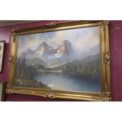 526 - Gilt framed alpine landscape oil painting, indistinctly signed, presented behind anti-reflect glass,... 