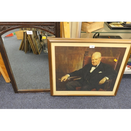 530 - Framed coloured print of Winston Churchill, with facsimile signature, also a walnut framed arched be... 