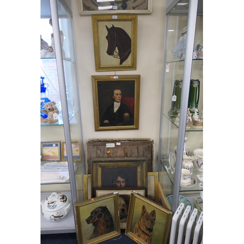 540 - Assorted framed and unframed pictures including portrait of a gentleman seated half length holding a... 