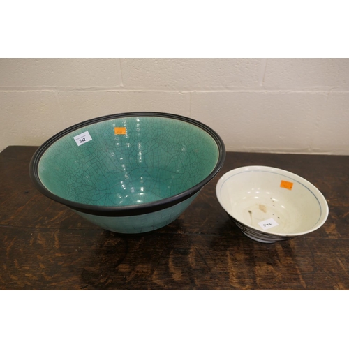 542 - Kevin Green art pottery bowl in a green crackle glaze, also a Japanese art pottery bowl decorated wi... 