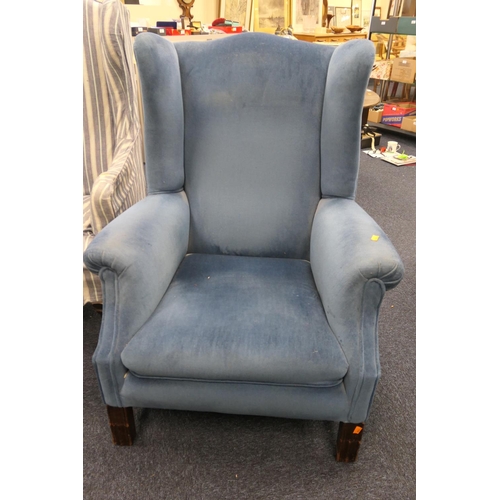 551 - Blue fabric upholstered mahogany framed wing armchair in Georgian style