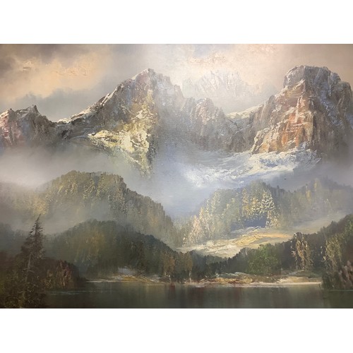 526 - Gilt framed alpine landscape oil painting, indistinctly signed, presented behind anti-reflect glass,... 