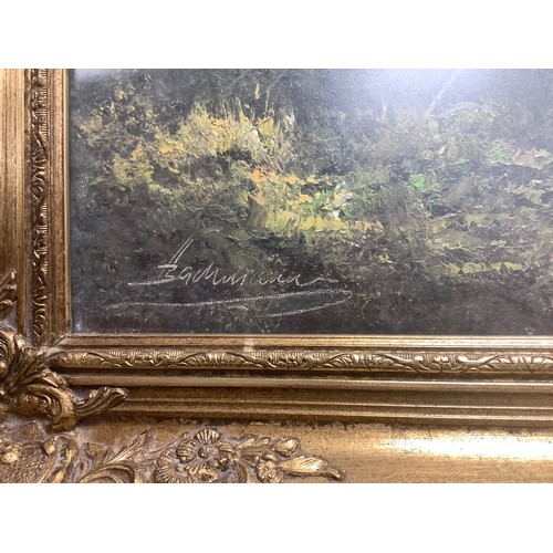 526 - Gilt framed alpine landscape oil painting, indistinctly signed, presented behind anti-reflect glass,... 