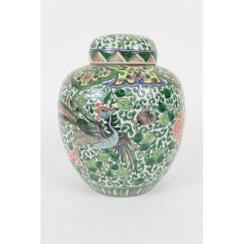 110 - Chinese famille verte jar and cover, 18th or 19th Century, ovoid form richly decorated with phoenix ... 