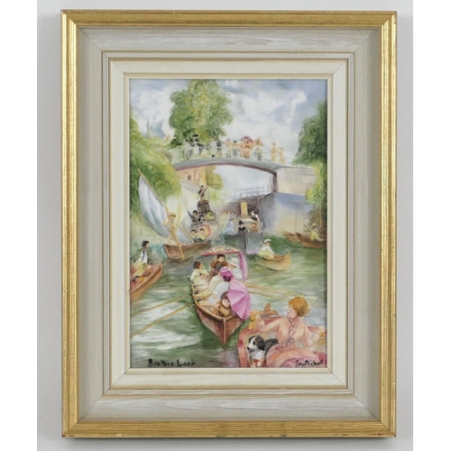 114 - John Michael painted china plaque, Boater's Lock, signed and titled, framed, 22cm x 15cm