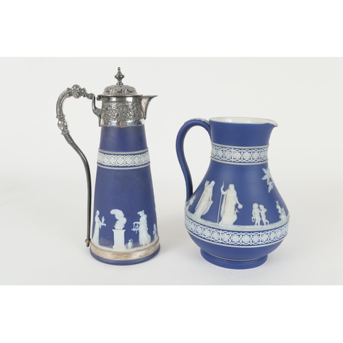 133 - Wedgwood dark blue jasperware claret jug, with silver plated mounts and handle, height 27cm; also a ... 