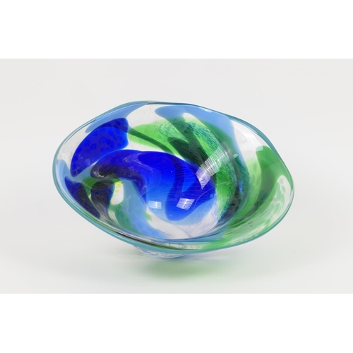 147 - Jane Charles studio glass freeform 'Sea' bowl, worked with green and shades of blue sgraffito detail... 