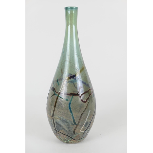 148 - Adam Aaronson studio glass bottle vase, decorated with an abstract design on a bottle green ground, ... 