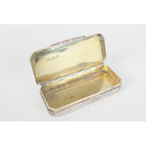 209 - Victorian silver snuff box, maker J.T., Birmingham (date unclear), rectangular form, scroll engraved... 