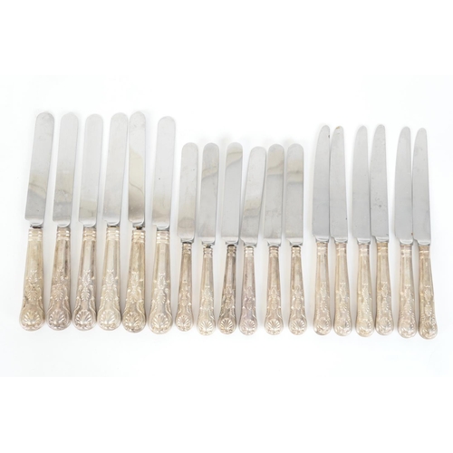 241 - Six Kings pattern silver handled dessert knives, Sheffield 1987, with steel blades; also six Elkingt... 