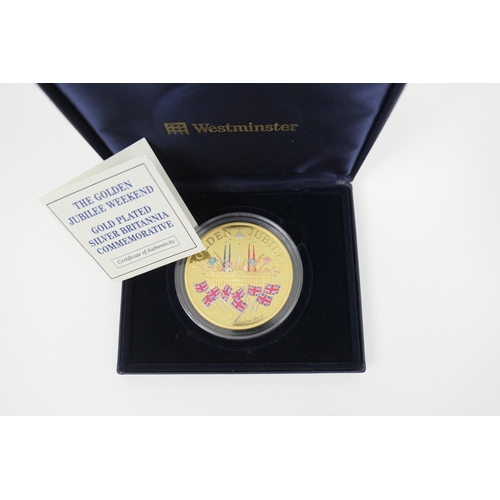 257 - Queen Elizabeth II Golden Jubilee, 2002, gold plated sterling silver commemorative medallion, publis... 