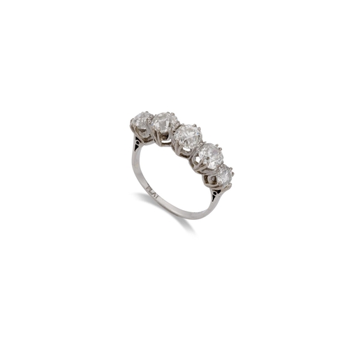 346 - Diamond five stone ring, having four old round cut diamonds and one brilliant replacement, the centr... 