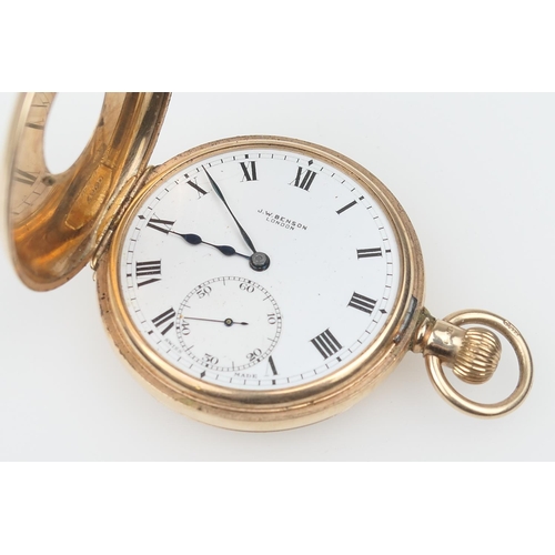 374 - 9ct gold half hunter pocket watch by J W Benson, London, hallmarked Birmingham 1930, the outer case ... 