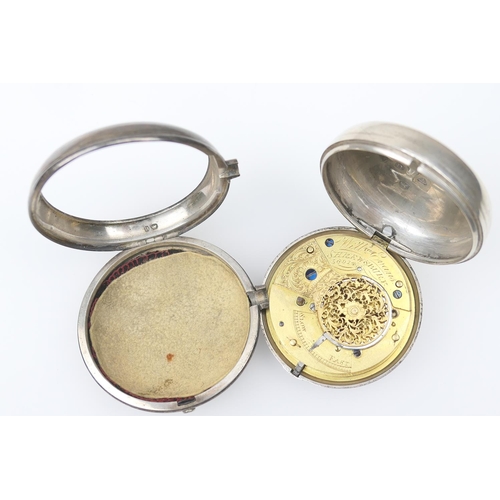 387 - William IV silver pair cased pocket watch, London 1835, white enamelled dial with Roman numerals and... 