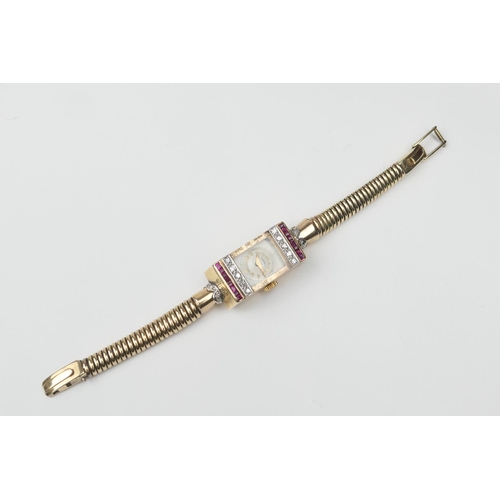 402 - Belle Epoque Orator 18ct gold diamond and ruby cocktail watch, circa 1940-50, the rectangular case s... 