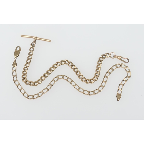 403 - 9ct gold 'watch albert' bracelet, with T-bar and spring clip, length 20cm; also a 9ct gold curb link... 