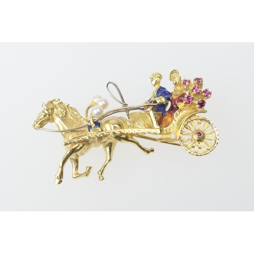 404 - Italian 18ct gold enamelled, ruby and pearl cabriolet brooch, 5cm, gross weight approx. 10.8g