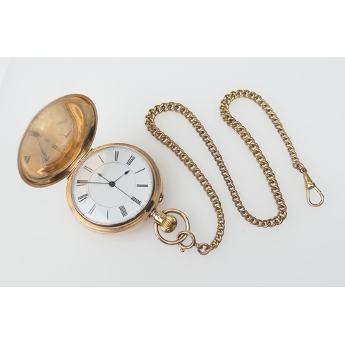 405 - George V 9ct gold hunter pocket watch, Chester 1925, plain case, white enamelled 42mm dial with cent... 