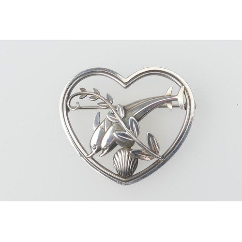 409 - Georg Jensen silver brooch, pattern 312, formed as a pair of leaping dolphins within a heart, 43mm