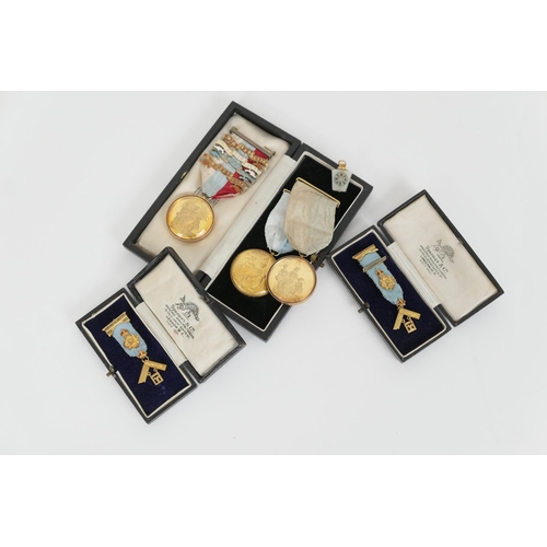 410 - Masonic interest: two Worshipful Master 9ct gold dress jewels, 1942-43 and 1954-55, by Spencer & Co.... 