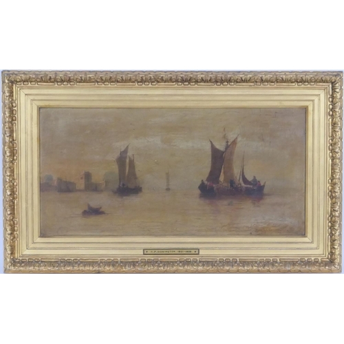 421 - Follower of R P Bonington, Fishing boats moored at low tide, oil on relined canvas, bears a signatur... 