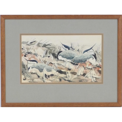 444 - Thelma K Sykes (Contemporary), Lapwing in the stubble field, watercolour, signed, labelled verso, 16... 