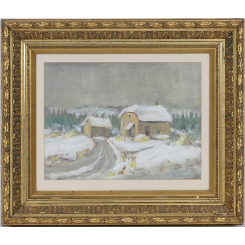 448 - H Thibaud (20th Century), Farmstead in winter, Impressionist study, signed oil on paper/board, 27cm ... 