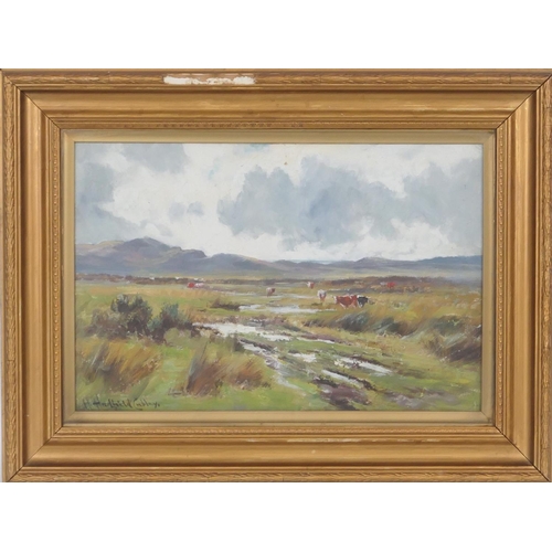 471 - Henry Hadfield Cubley (1858-1934), Cattle grazing on a moorland landscape, signed oil on board, 30cm... 