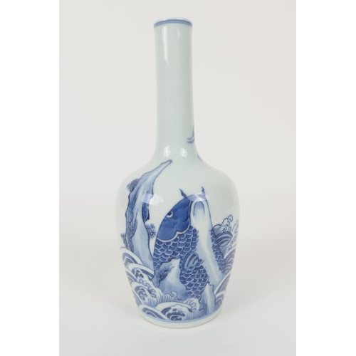 77 - Chinese blue and white bottle vase, 20th Century, decorated with a carp emerging from foaming waves,... 