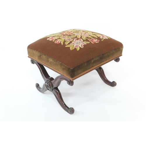 774 - Victorian mahogany and upholstered stool, circa 1840, stuffover seat with gross-point tapestry, on c... 