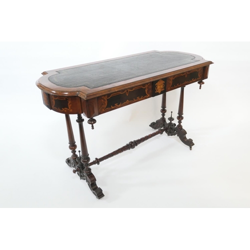 776 - Late Victorian burr walnut and inlaid writing table, circa 1875, rectangular top with bowed ends ins... 