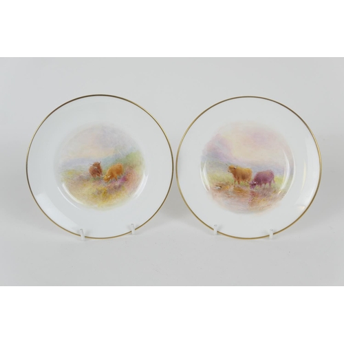 90 - Pair of Royal Worcester saucers, decorated by Harry Stinton with highland cattle within a gilt edged... 