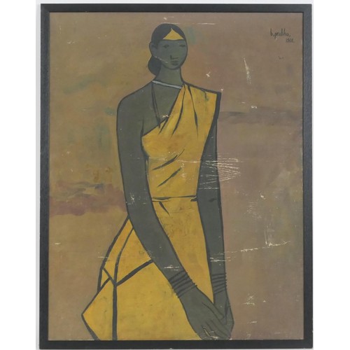 557 - B Prabha (Indian, 1933-2001), Young woman standing, oil on canvas, signed and dated 1960, 76cm x 59c... 