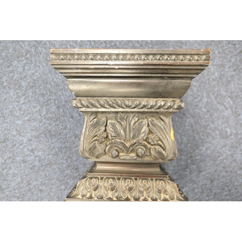 771 - Continental carved ebonised torchere, square plinth on an acanthus vine carved, tapered, square sect... 