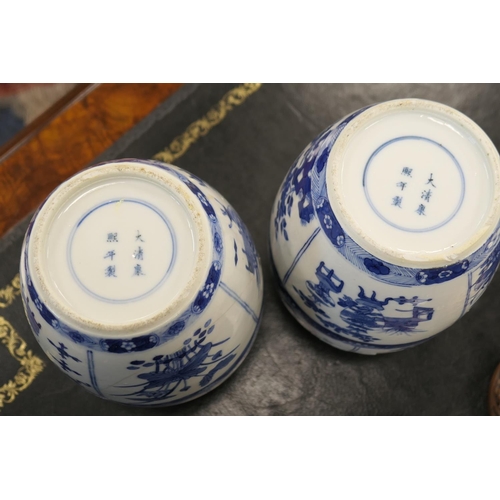 97 - Pair of Chinese blue and white jars, Kangxi mark and possibly of the period, ovoid form decorated wi... 