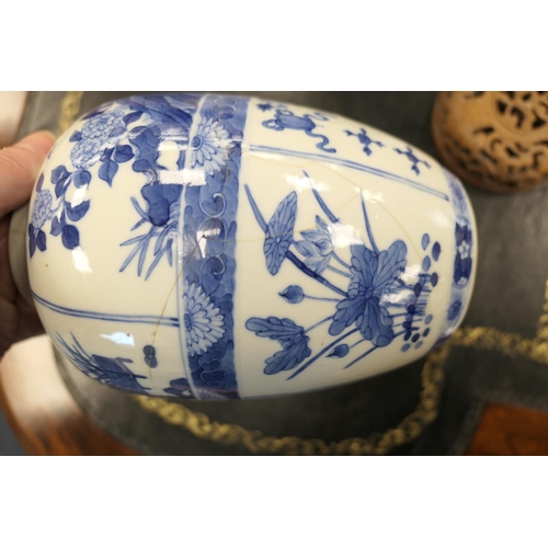 97 - Pair of Chinese blue and white jars, Kangxi mark and possibly of the period, ovoid form decorated wi... 